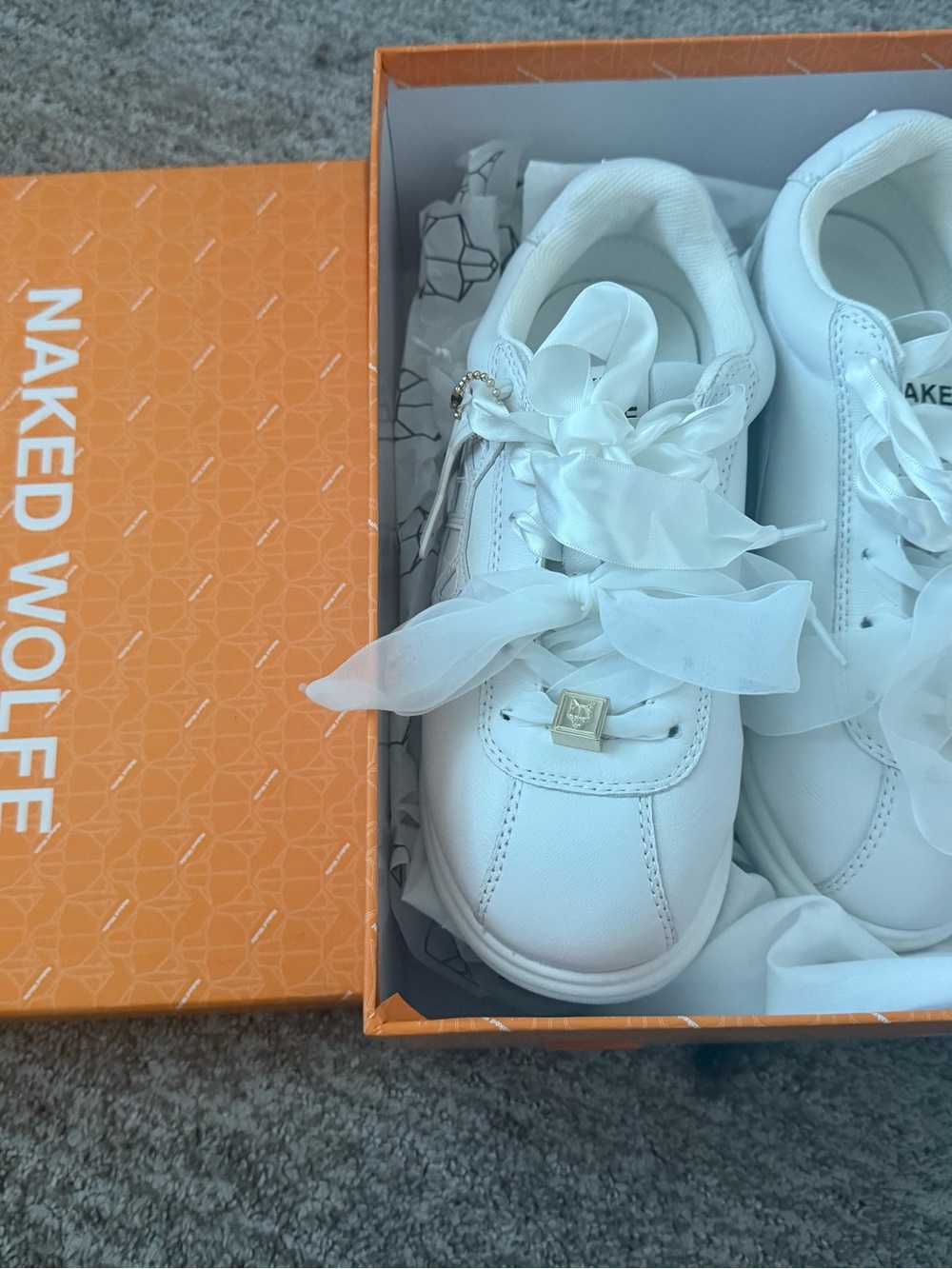 Naked Wolfe Women White Ribbon Lace-Up Sneakers with Gold Charm